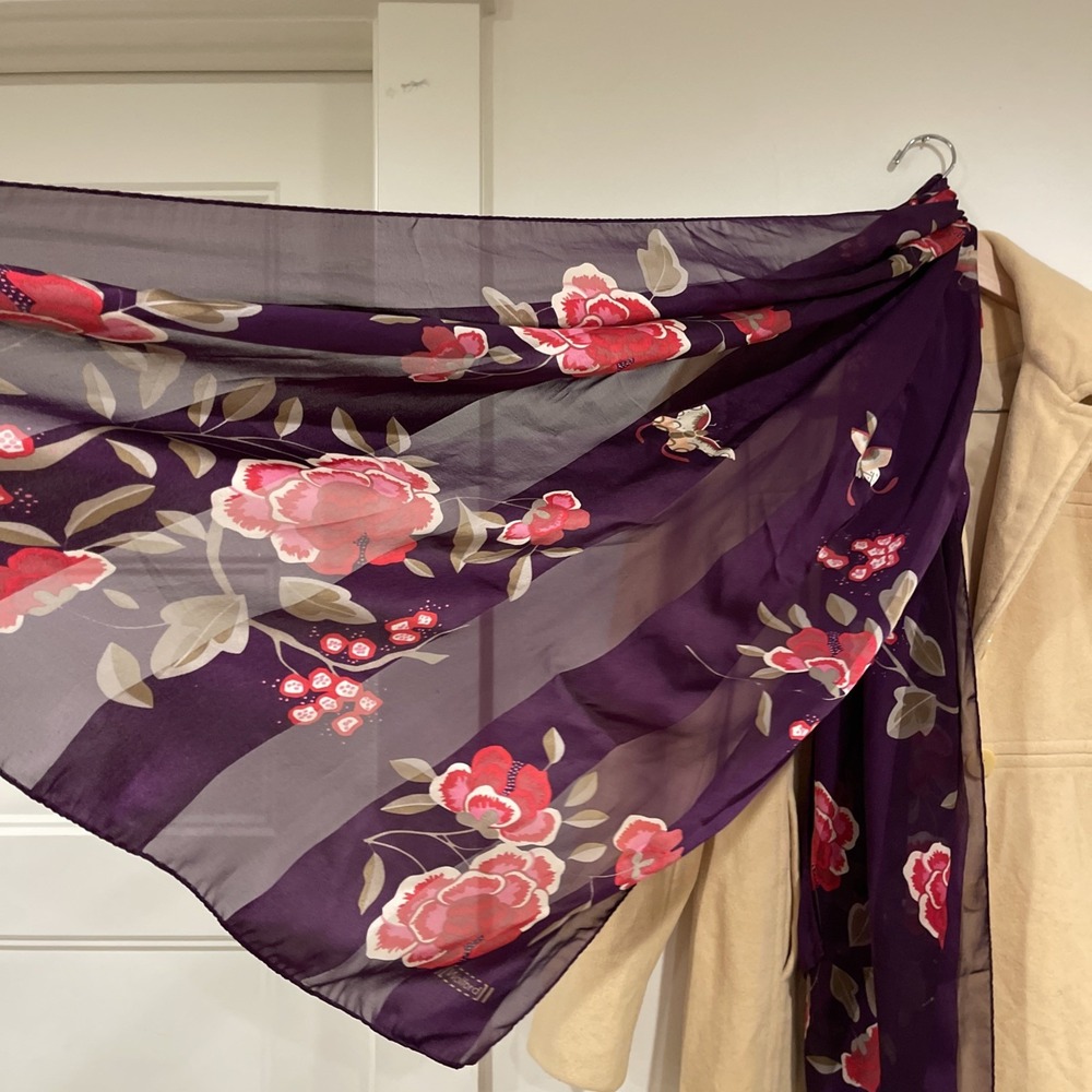 Wolford Silk Scarf Purple Floral Butterfly Sheer Stripe Luxury‎ Mesh Wrap Art - Picture 3 of 7